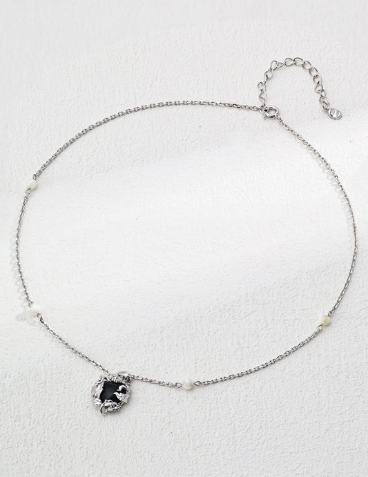 Minimalist Black Agate and Silver Thread Pearl Necklace-X1254
